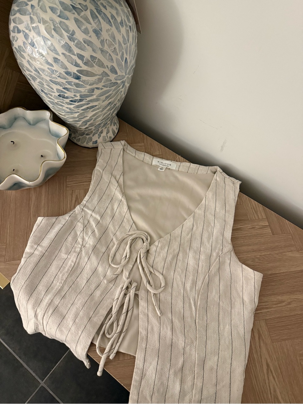 Sleeveless Cream Striped Lace-Up Crop Top